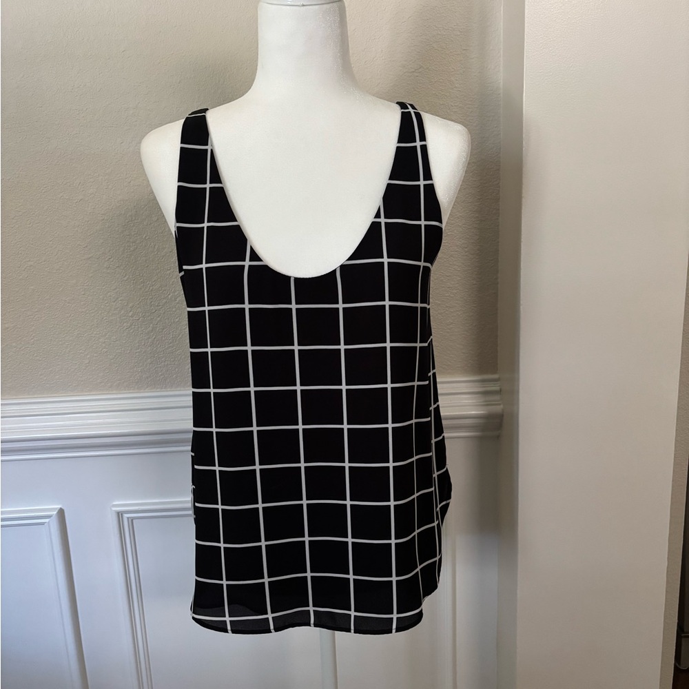 LOFT Black and Ivory Windowpane Plaid Sleeveless Tank Top